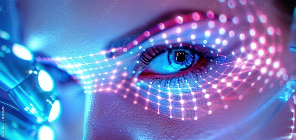 Poster close-up of a futuristic eye with glowing digital grid patterns, symbolizing advanced technology, ar