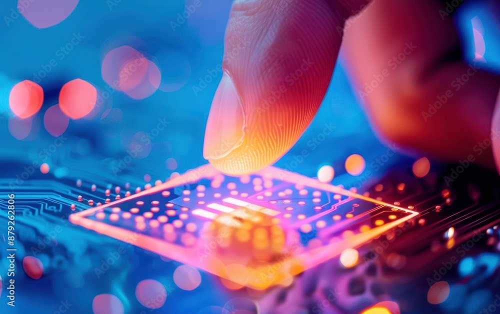Poster close-up of a human finger interacting with a glowing microchip on a circuit board, representing fut
