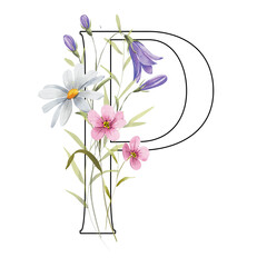 Floral monogram, letter P with watercolor wild flowers and leaves. Digital letterhead for wedding, birthday, bridal design.