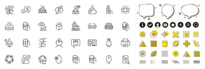 Set of Financial app, Battery and Analysis app line icons for web app. Design elements, Social media icons. Online question, Star, Seo strategy icons. Inspect, Printer, Freezing water signs. Vector