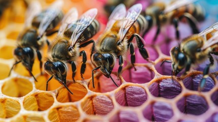 Close-up of bees on vibrant multicolored honeycomb, showcasing nature's beauty and the intricate work of these vital pollinators.