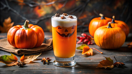 Halloween composition with festive drink. cocktail with Jack O' Lantern face and accessories on night dark background