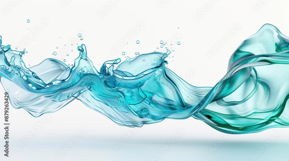Poster dynamic artistic splash of water creating fluid abstract forms against a clean white background, sho