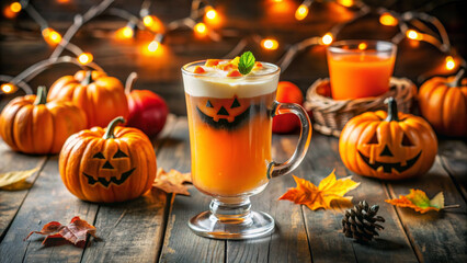 Halloween composition with festive drink. cocktail with Jack O' Lantern face and accessories on night dark background