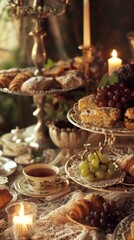 Naklejka premium On a wooden table covered with woven lace there is a candle, aromatic coffee and a shelf with croissants, the best breakfast