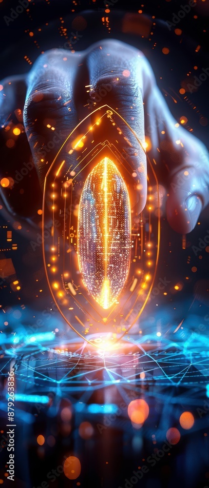 Poster futuristic ai concept displayed with a hand holding a glowing digital structure, symbolizing advance
