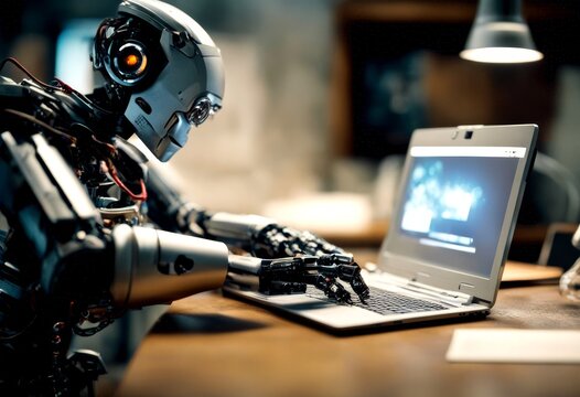ia o androide portatil notebook en ordenador pc trabajando generado robot android idea work substitute people human computer