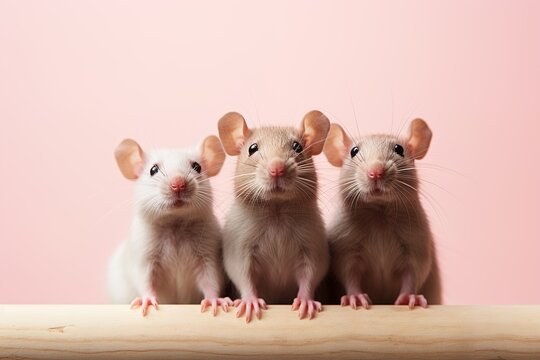 three adorable mice peeking out of wooden desk on pastel pink background