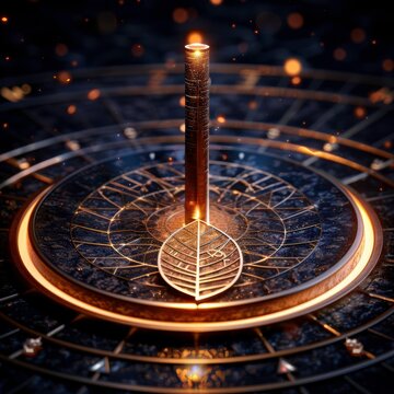 Futuristic circular golden structure with intricate patterns and glowing elements, set against a dark background with sparkling details.