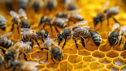 Fototapeta premium Close-up shot of honeybees working and crawling on a honeycomb filled with golden honey. Essential pollinators in nature.