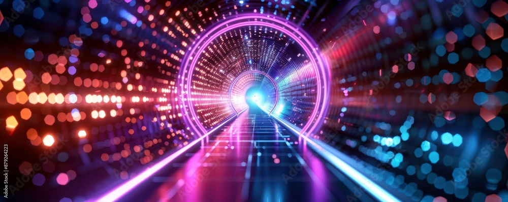 Poster futuristic neon light tunnel with abstract glowing lights and technological elements creating a stun
