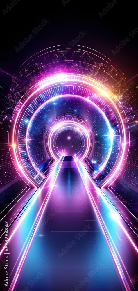 Poster futuristic neon light tunnel with glowing circles and vibrant colors, creating a sci-fi digital back