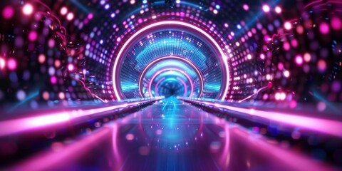 Futuristic neon tunnel with vibrant lights and reflections, creating a sci-fi ambiance and a sense of deep, infinite space.