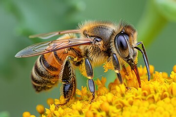 Fototapeta premium Macro shot of a bee collecting nectar from a vibrant yellow flower, showcasing its intricate details and natural beauty.
