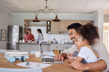 Father, girl and happy with laptop in home for learning, education or homeschool lesson with remote work. People, dad or daughter with technology for study activity, helping or support in dining room