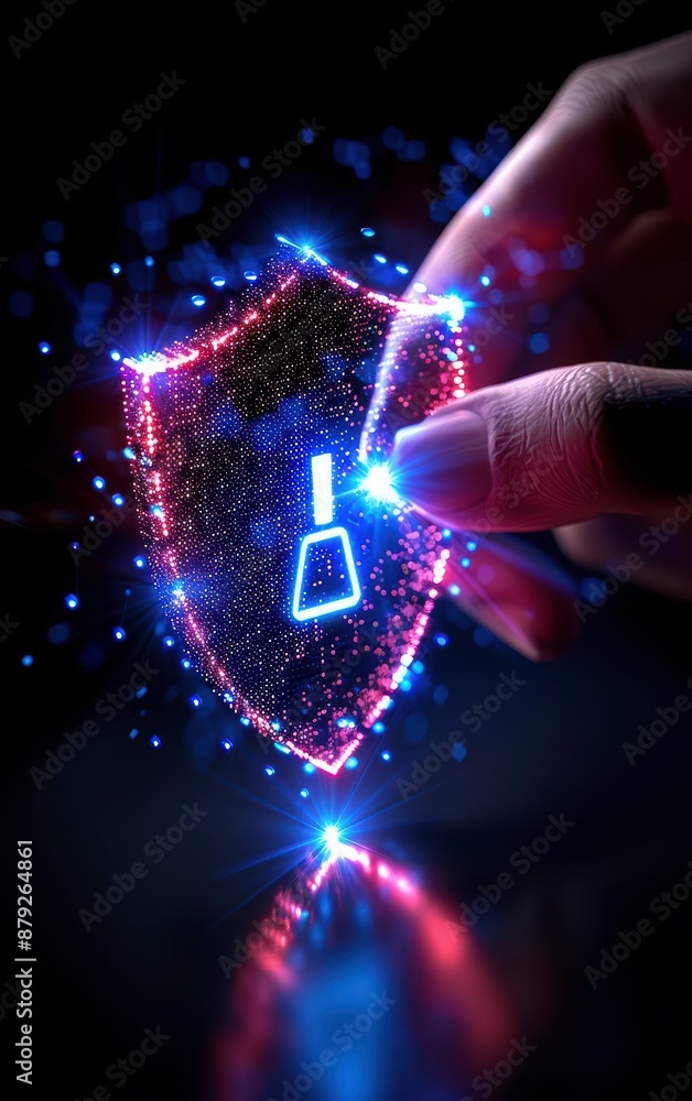 Poster hand touching a glowing shield with a security lock icon, representing the concept of cybersecurity 