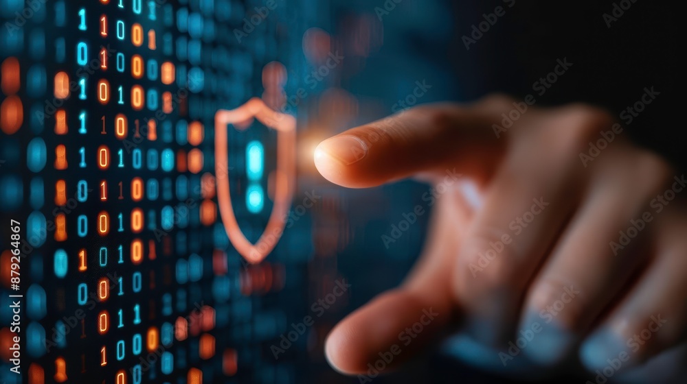 Poster hand touching digital screen with security shield icon representing cybersecurity, data protection, 