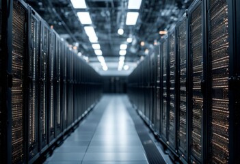 hallway center data long servers rows server row technology networking computing storage communication digital information hardware