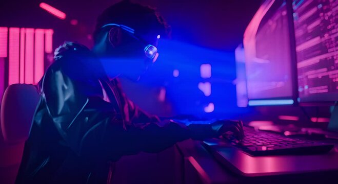 an inteligent people that worked with computer with hologram data background motion video, footage