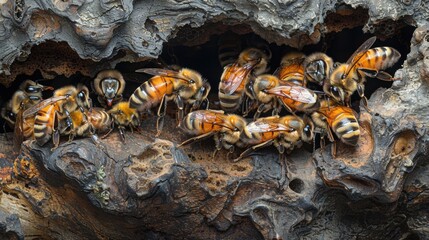 Close-up of bees clustering on a wooden surface, showcasing their intricate details and teamwork in a natural habitat.
