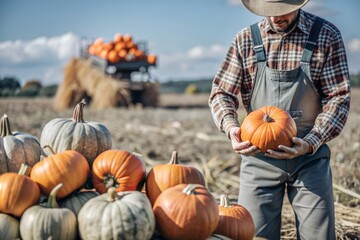 The hands of a man in a plaid shirt with a pumpkin in close-up and a beautiful autumn pattern. Harvesting pumpkins. The concept of a Thanksgiving and Halloween party.