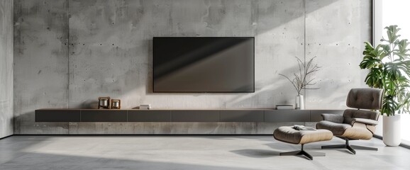 A mock-up TV wall with a mounted cabinet and an armchair in a living room with a white cement background