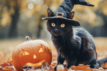 Naklejka premium adorable black cat in witch hat with halloween pumpkin in autumn park
