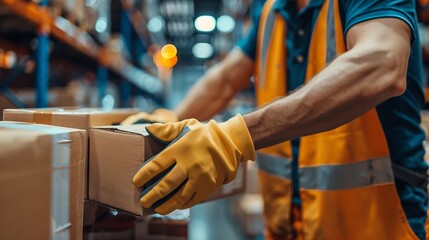 Close up warehouse workers preparing a shipment in a large warehouse. Warehouse worker concept. Labor day concept