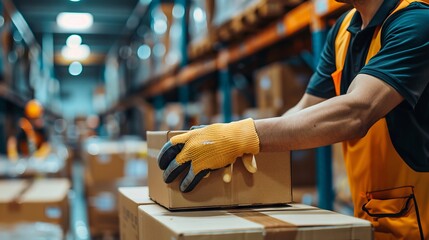 Close up warehouse workers preparing a shipment in a large warehouse. Warehouse worker concept. Labor day concept