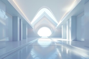 Fototapeta premium Futuristic white empty hallway with bright light in archway, modern architecture design. Concept of future, technology, and innovation.