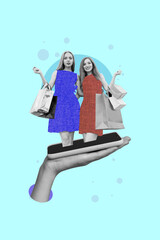 Creative drawing collage picture of hand hold device screen eshopping two friends enjoy shopping girls weird freak bizarre unusual fantasy