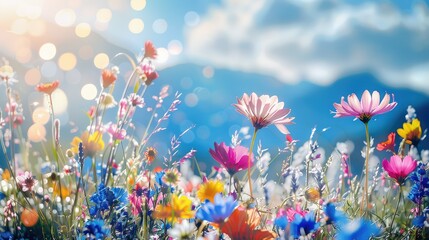 Colorful flower meadow with sunbeams and blue sky and bokeh lights in summer