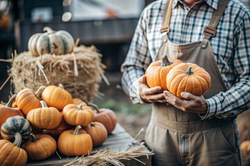 The hands of a man in a plaid shirt with a pumpkin in close-up and a beautiful autumn pattern. Harvesting pumpkins. The concept of a Thanksgiving and Halloween party.