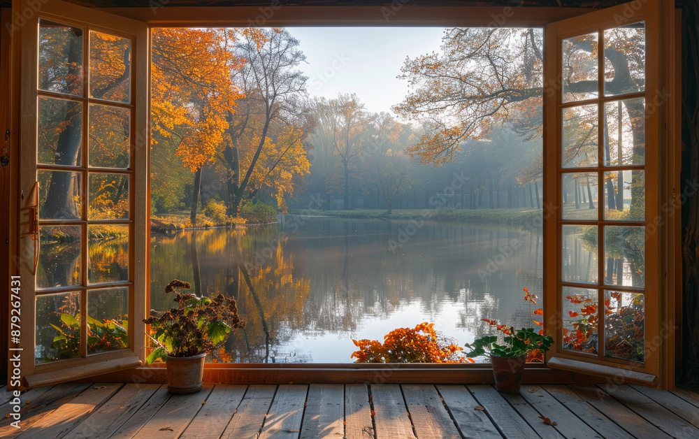 Poster a window overlooking a lake with trees in the background. the potted plants add a touch of greenery 