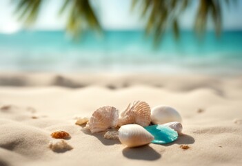 Obraz premium vacation tropical tree summer sand travel sandal background beach water sunny turquoise shell seashells palm seashell holidays flip