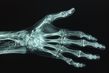 Naklejka premium a hand x-ray, showing detailed bones and joints, on a solid black background