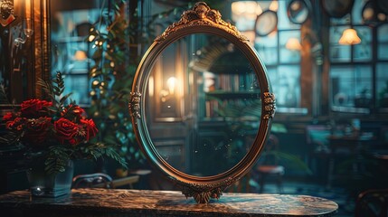 Ornate Mirror Reflecting a Mysterious Interior