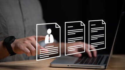 Human Resources HR management concept, Businessman filling out online employee appraisal form. Human resource management, recruiting, leadership and team building.