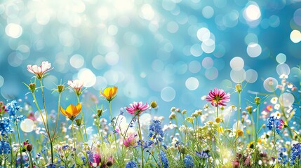 Colorful flower meadow with sunbeams and blue sky and bokeh lights in summer