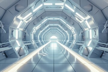Fototapeta premium Futuristic white spaceship interior corridor with bright light at the end. Concept of science fiction, space travel, and the future.