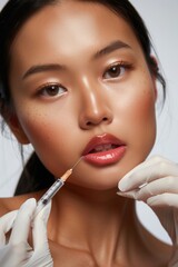 Asian woman gets lip makeup treatment with syringe needle in beauty studio. Close-up view of face focusing on lower half. Brown hair, white gloves, red lipstick. Indoor setting studio environment.