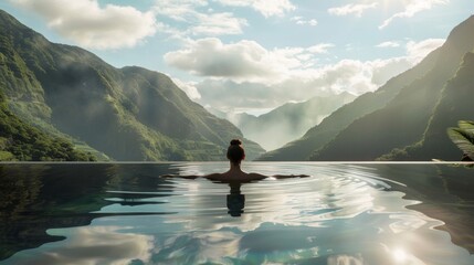 Obraz na płótnie Canvas Visualize a relaxing spa day with a person lounging in an infinity pool overlooking a breathtaking mountain view. 
