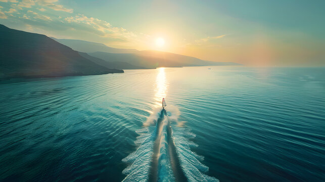 A creative perspective shot of a drone capturing a windsurfer speeding across the water.
- Powered by Adobe