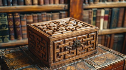 Intricately Carved Wooden Box With a Labyrinth Design