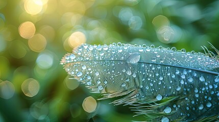 Feather with Dew Drops in a Sunlit Forest