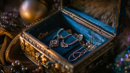 Depict an enchanted jewelry box that opens to reveal shimmering necklaces, rings, and a soft velvet interior. 