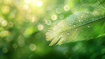 Dewy Green Feather on a Blurred Background