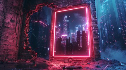 Neon Cityscape Through a Broken Frame