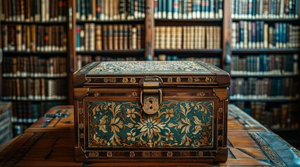 Ornate Wooden Chest in a Library