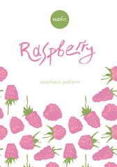 Template raspberry flyer design. Vector berry banner with drawings of raspberries. Natural cosmetic label. Red berry silhouette for eco store, healthy food shop. Botanical background.